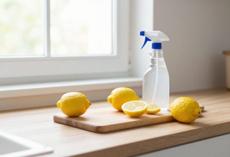 Clean kitchen counter with lemons and cleaning supplies