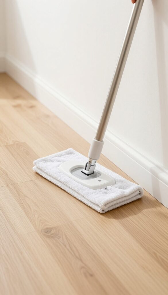 Swiffer dry mop cleaning baseboard in bright room