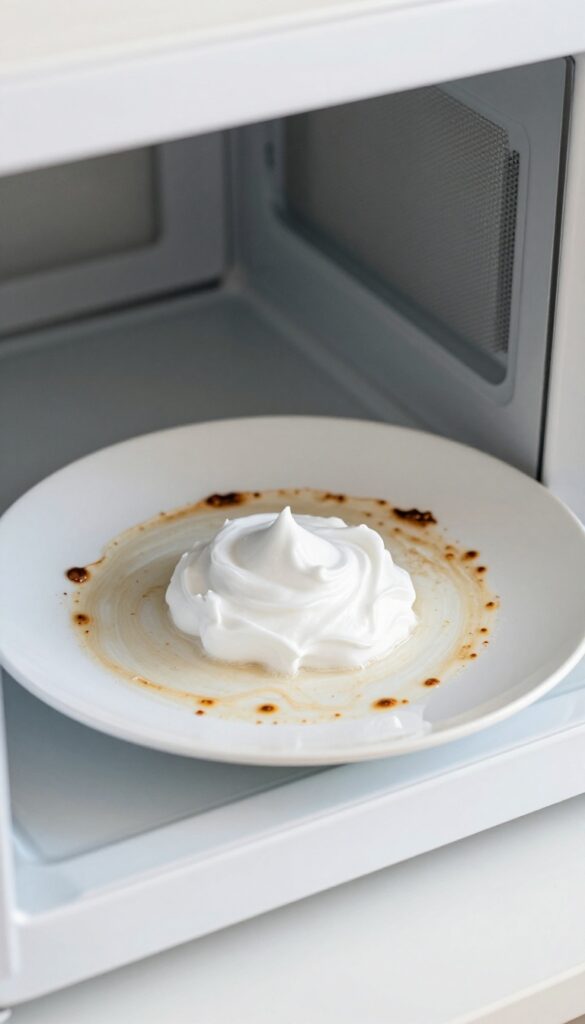 Baking soda paste on a sponge next to burnt food in a microwave