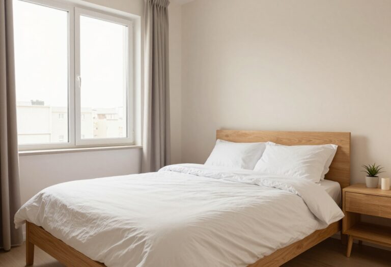 A clean and organized bedroom with a made bed and tidy surfaces