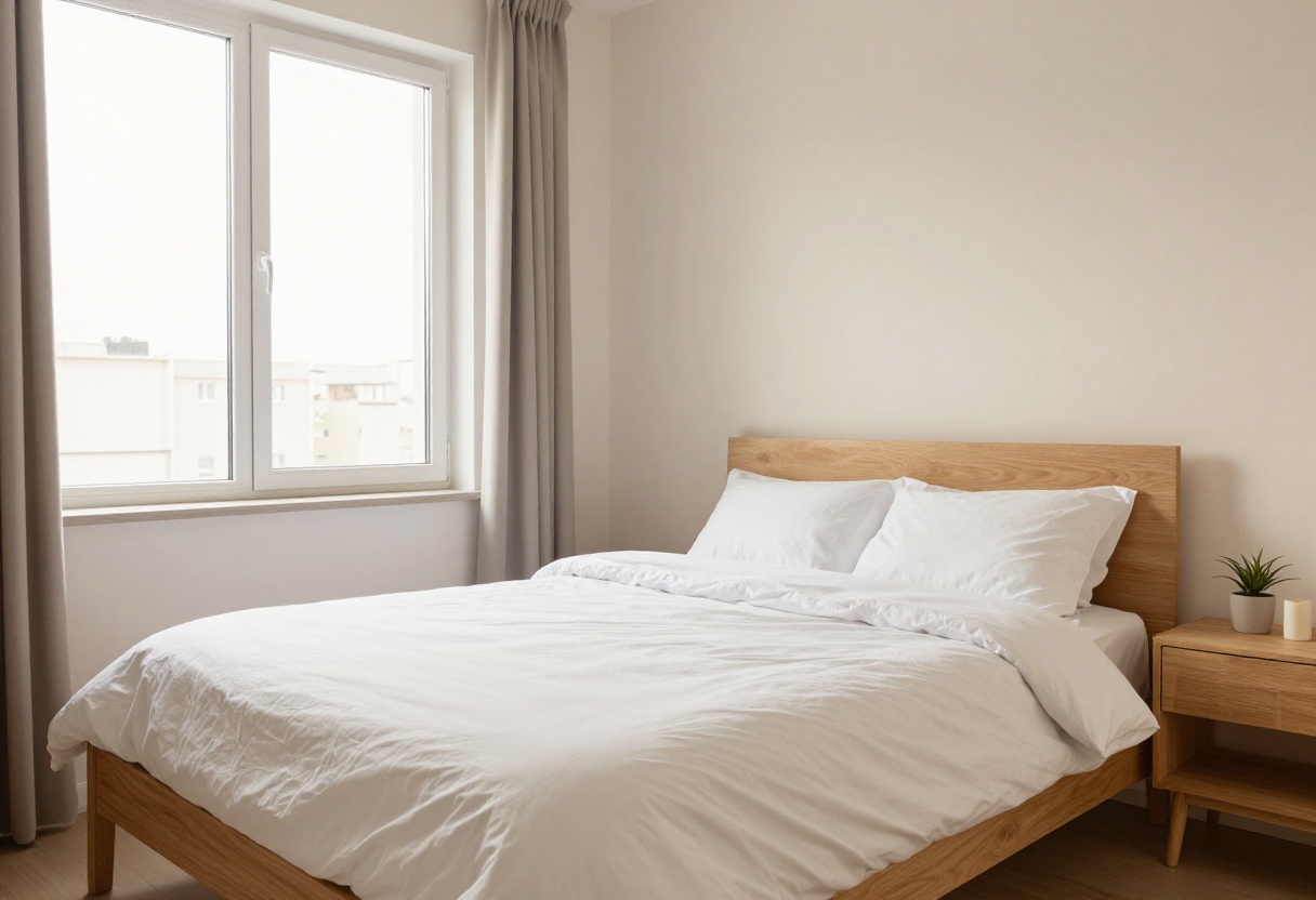 A clean and organized bedroom with a made bed and tidy surfaces