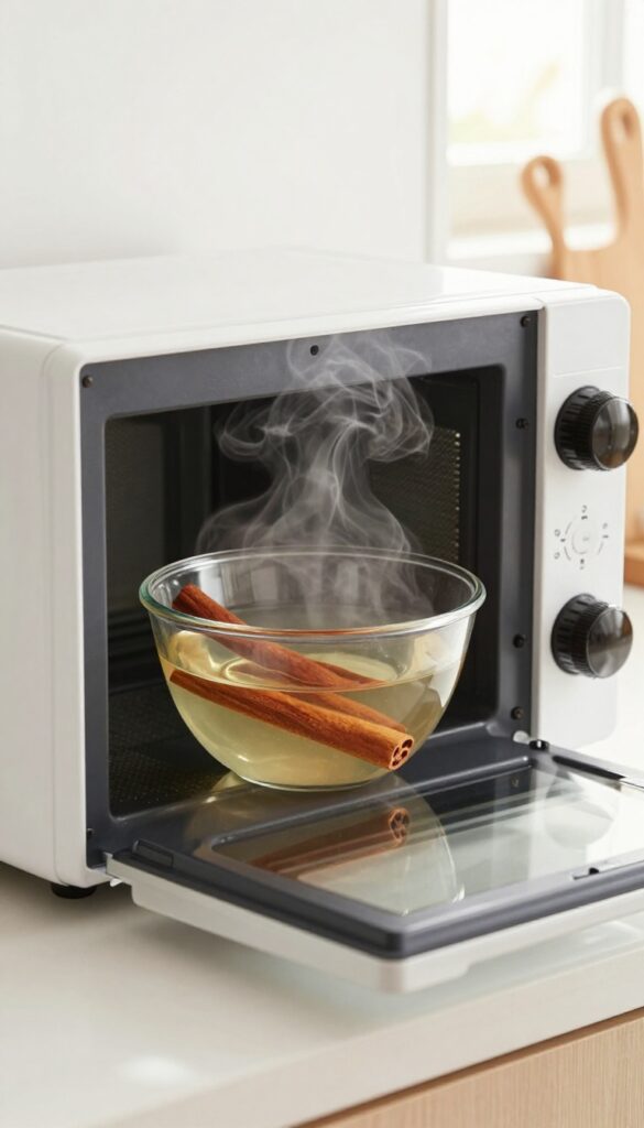 Microwave with steaming bowl of water and cinnamon stick inside, kitchen background