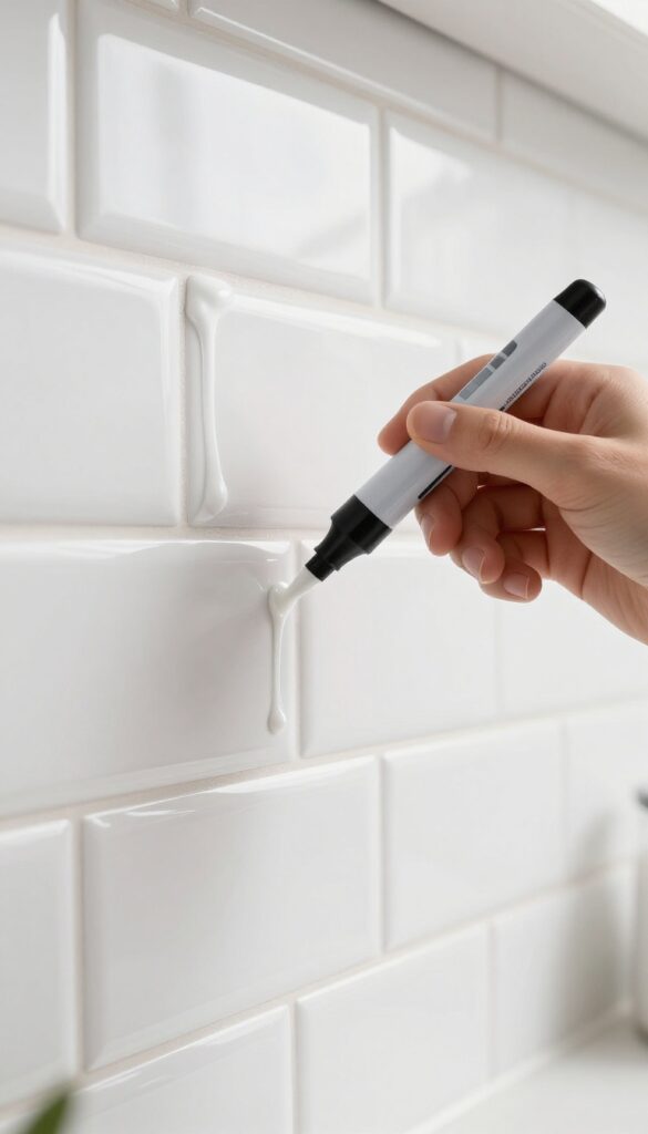 Hand applying bleach pen gel onto grout lines of white subway tile in bright kitchen