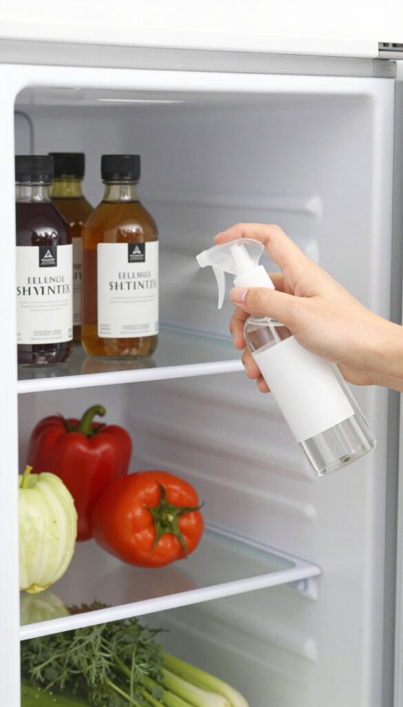 Person spraying vinegar and water mixture onto a clean refrigerator glass shelf, with fresh produce and condiments visible.