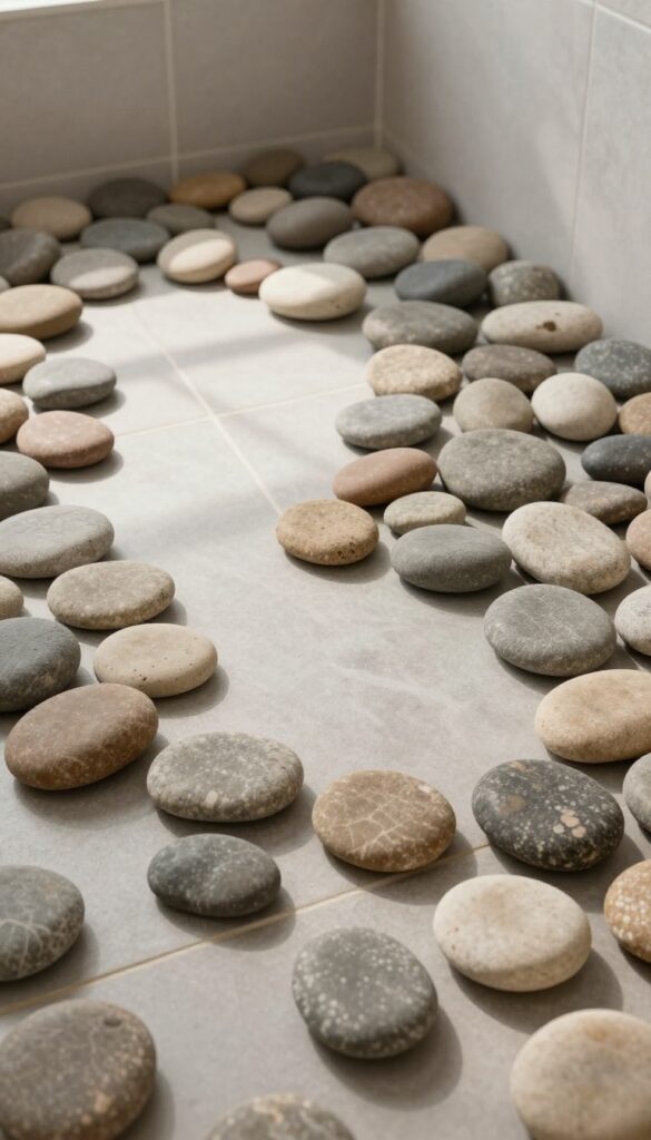 Full river rock shower floor with smooth pebbles in earthy tones, natural lighting, slip-resistant surface