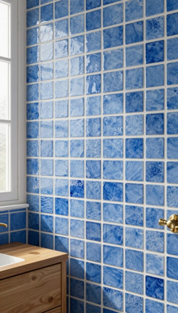 Close-up of blue zellige tiles on a shower wall with warm wood and brass accents, showcasing natural texture and light variations.
