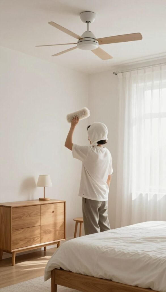 Person dusting a ceiling fan in a bright, clean bedroom