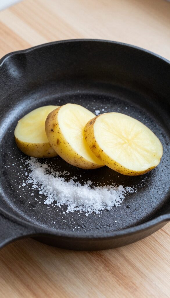 A halved raw potato with coarse salt scrubbing a cast iron skillet to remove stubborn stains.
