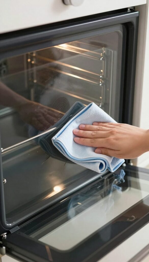 Hand polishing oven glass door with microfiber cloth, streak-free shine