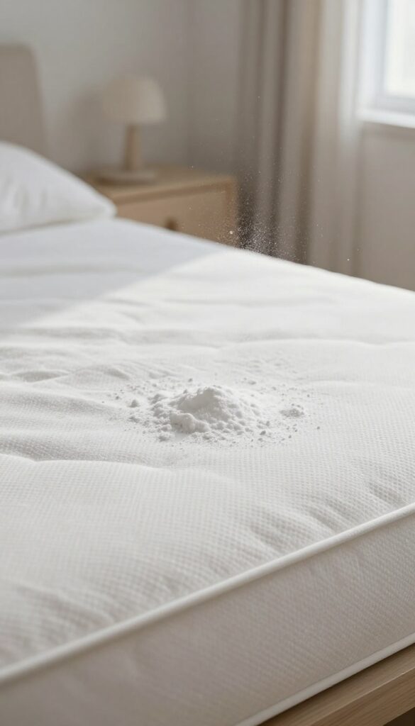Sprinkling baking soda on a clean white mattress in a bright bedroom