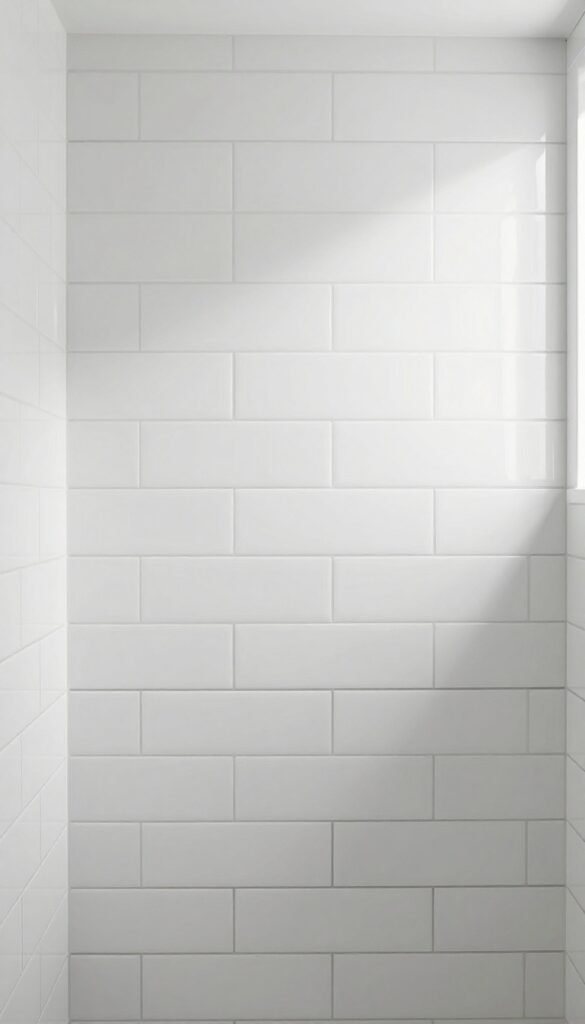 Glossy white bathroom shower tiles with dark gray grout in a modern stacked pattern