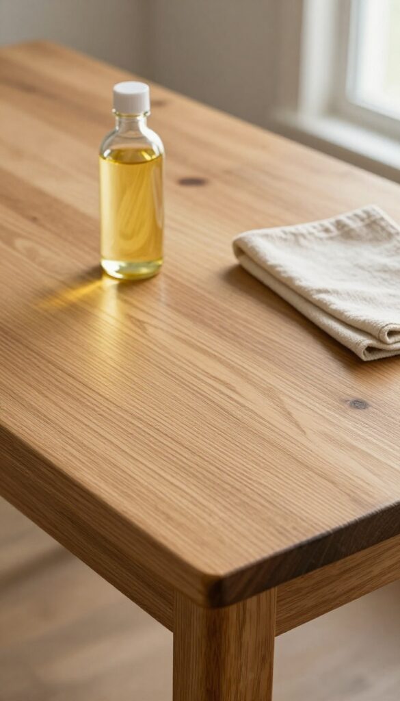 Close-up of restored wooden table with lemon oil and cloth, natural light, no text