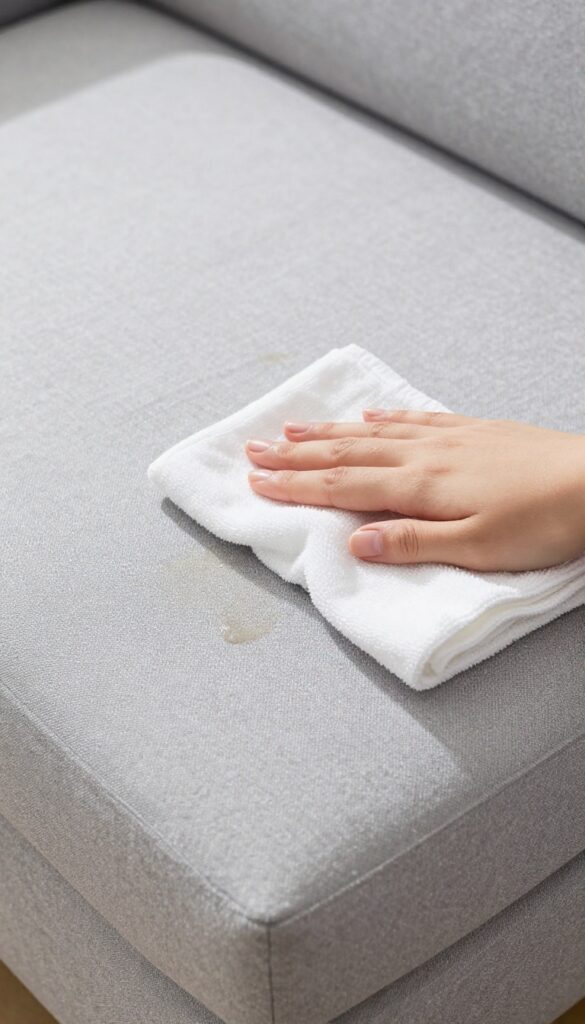 Person dabbing a microfiber couch with rubbing alcohol to remove a water-based stain without leaving rings.