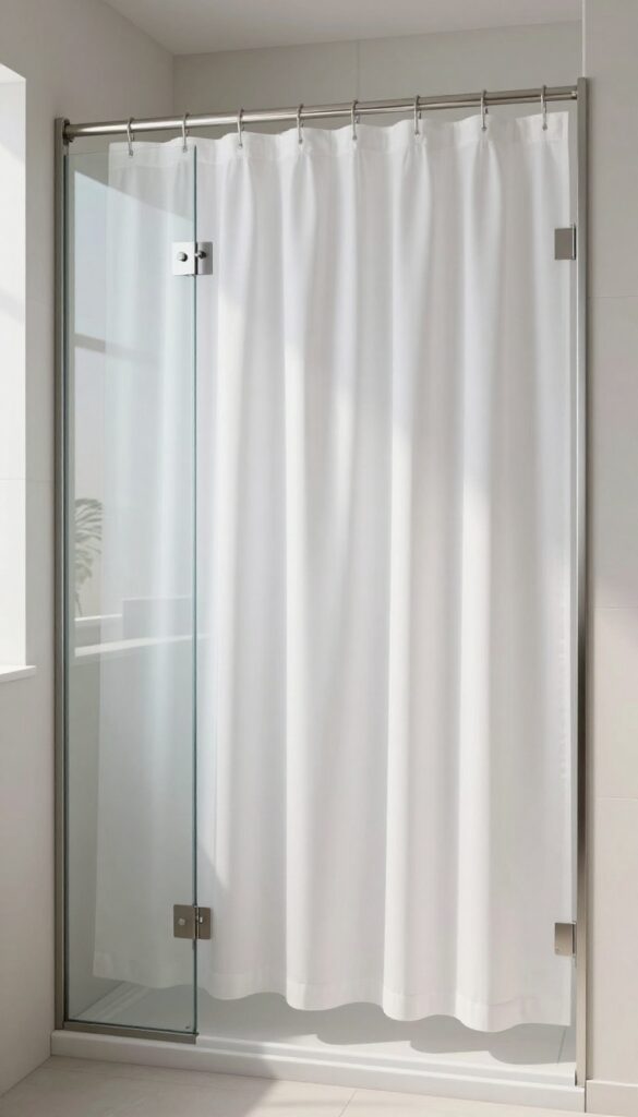 Magnetic curtain panel attached to glass shower door with magnets for privacy