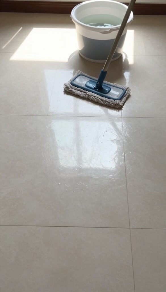Cleaning porcelain tiles with a microfiber mop and bucket of dish soap and warm water in bright natural light