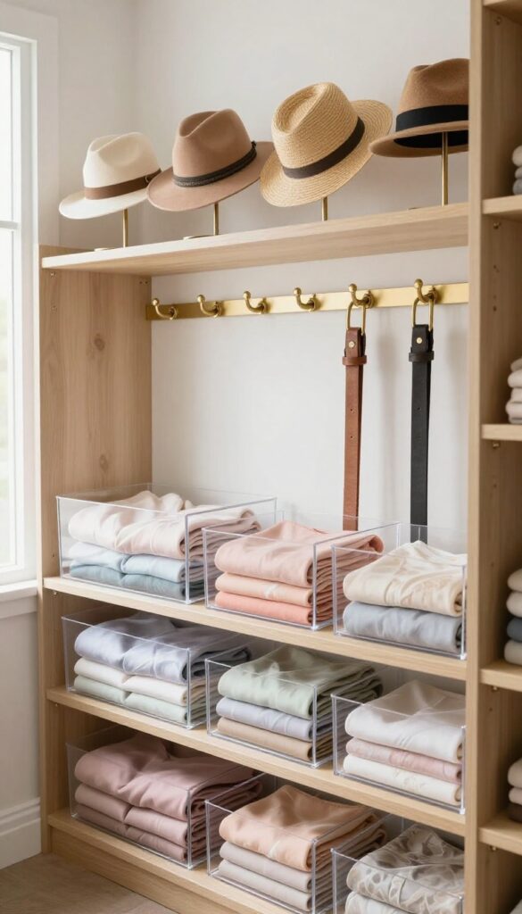Organized accessories in a bright closet: scarves in clear bins, belts on hooks, hats on a shelf.