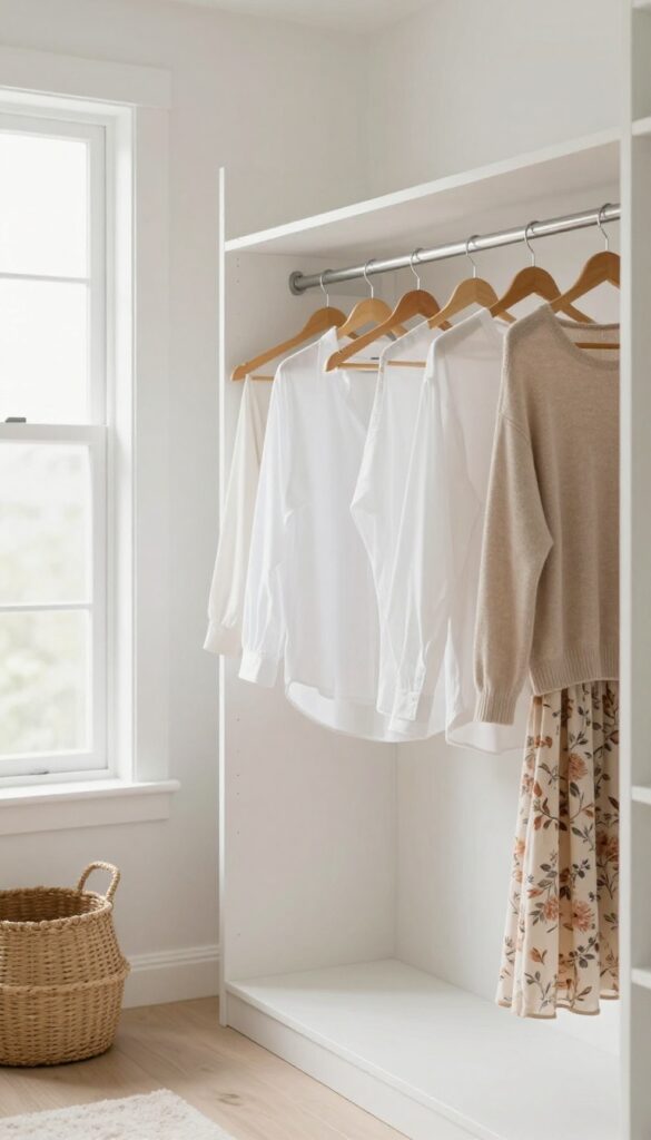 Closet with hangers facing different directions to show the hanger trick for decluttering.