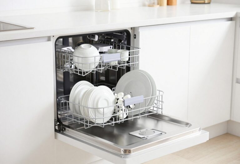 Open dishwasher with clean interior and white dishes