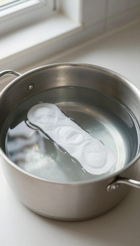 Stainless steel pot with water and a dryer sheet soaking on a kitchen counter
