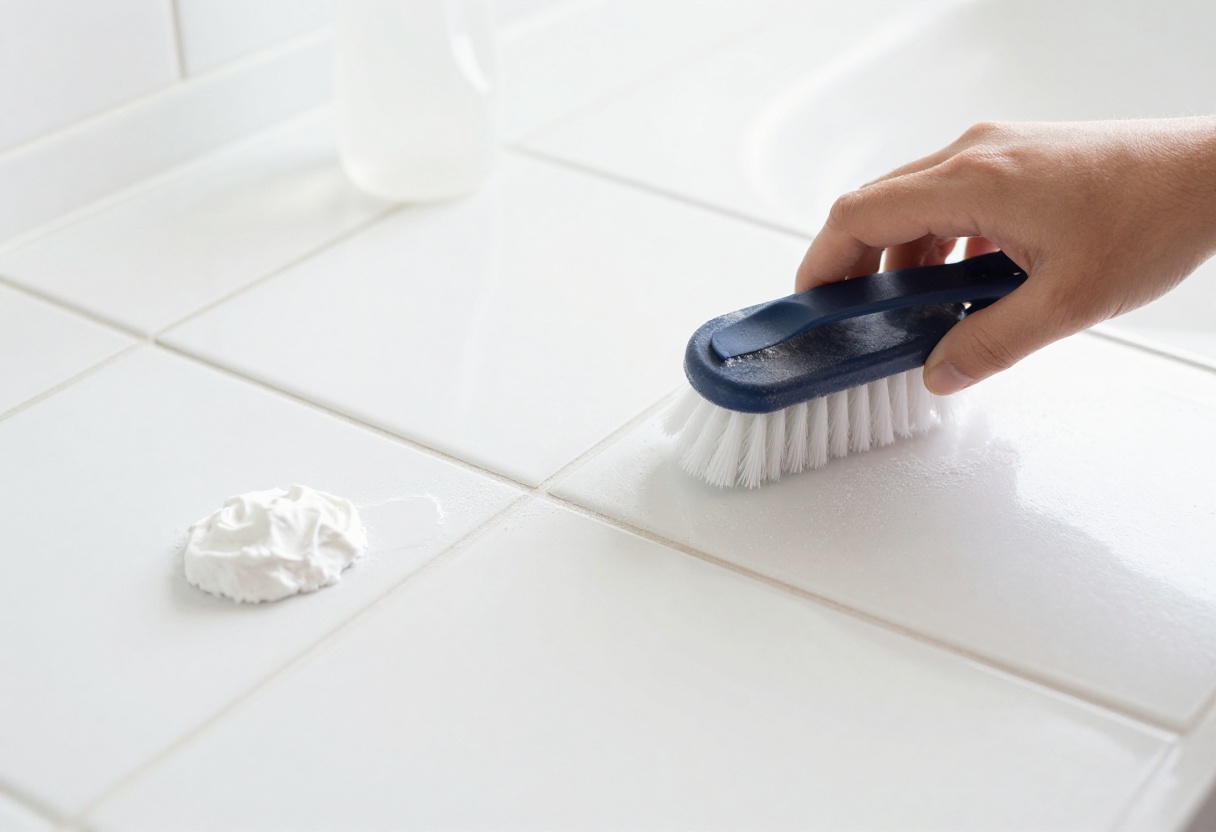 Cleaning tile grout with a brush and baking soda paste