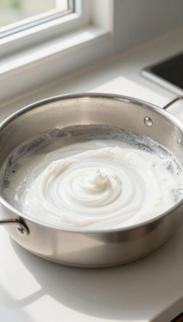 Hydrogen peroxide and baking soda paste on a greasy stainless steel pan