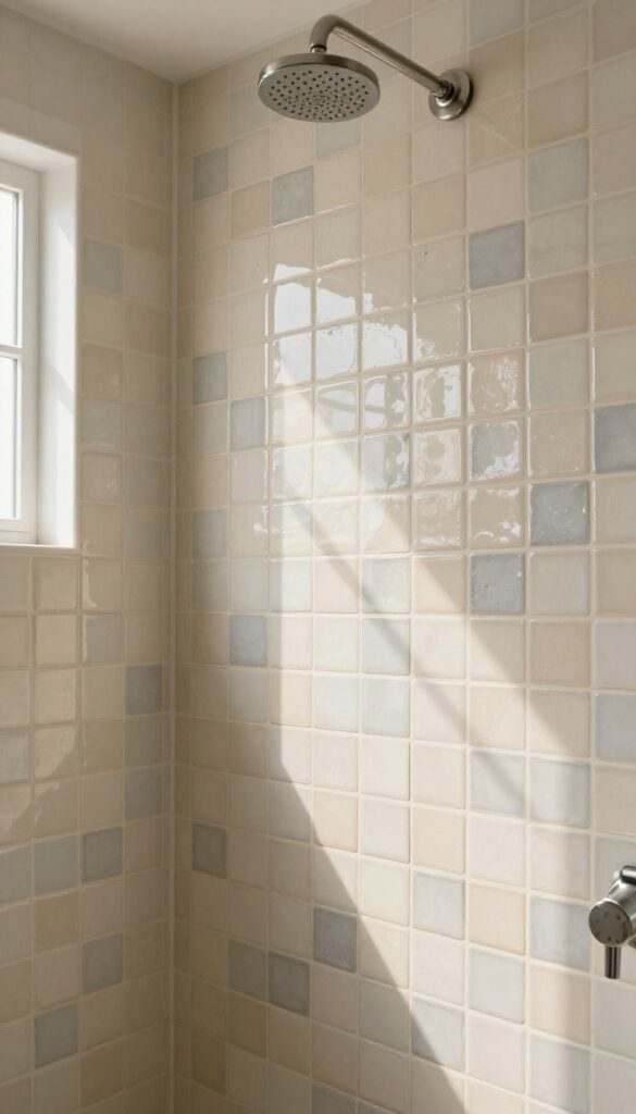 Close-up of a shower wall with handcrafted zellige ceramic tiles in neutral tones, natural light highlighting texture and glaze variations.