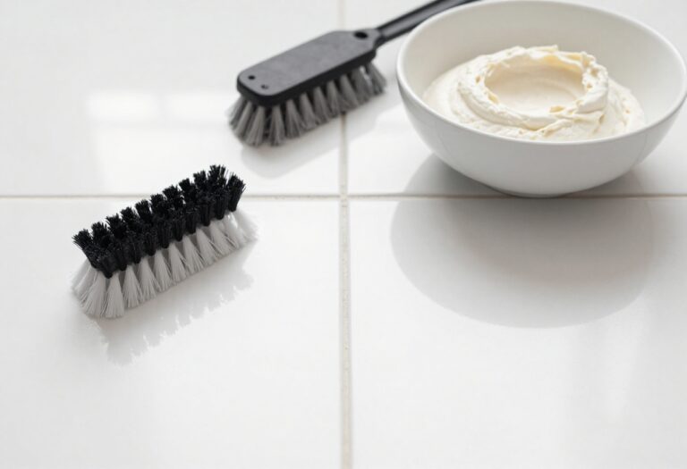 Clean white grout lines on a tiled floor with a scrub brush and baking soda paste