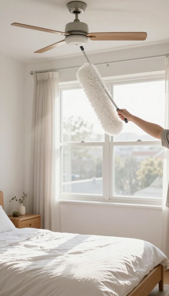 Person dusting a ceiling fan with an extendable microfiber duster in a bright bedroom