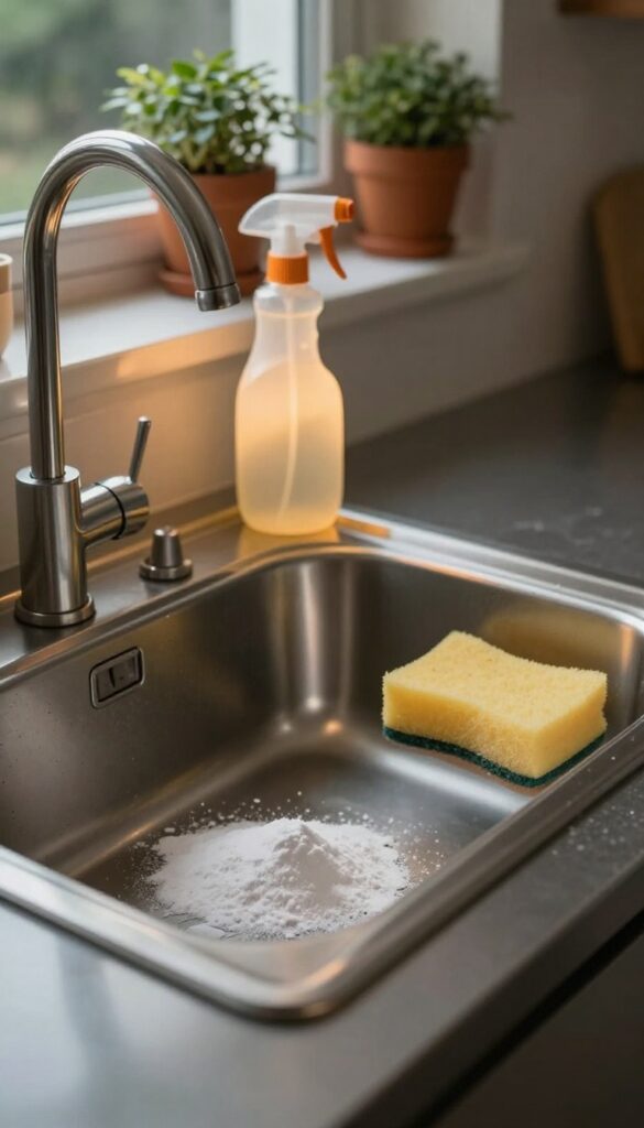 Clean kitchen sink at night with baking soda and vinegar spray bottle