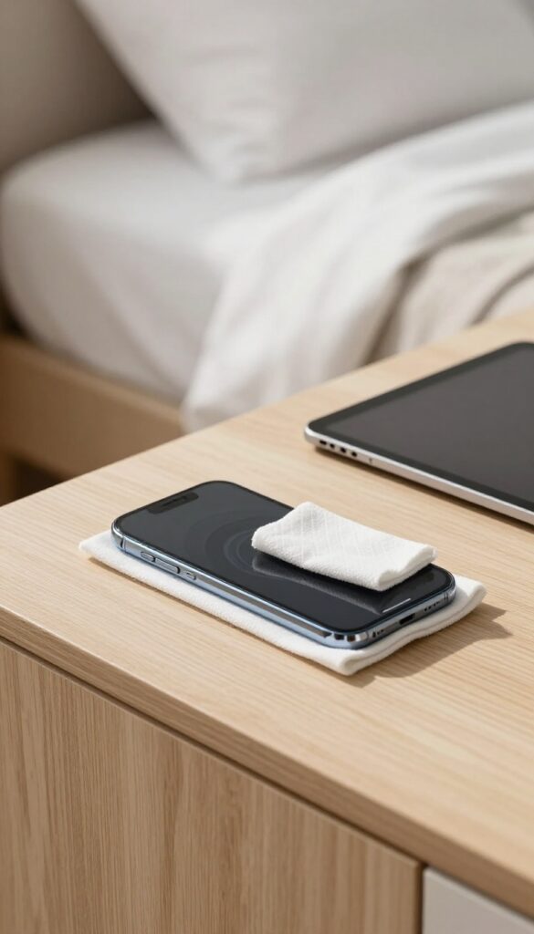 Cleaning a smartphone screen with a microfiber cloth on a bedroom nightstand