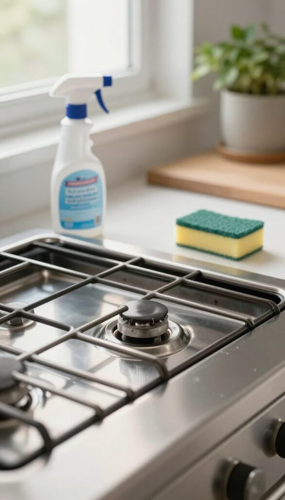 Clean stove grate with degreaser spray bottle and sponge in bright kitchen