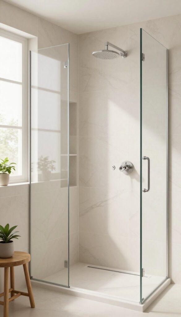 Marble-look ceramic plank tiles in a bright, modern shower with natural light and minimalist decor.