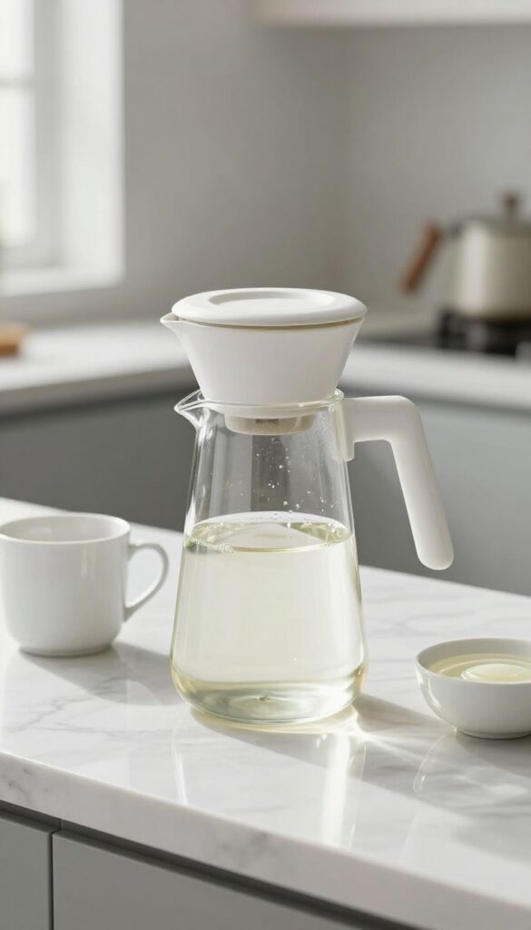 Coffee maker with vinegar solution in reservoir for descaling soak