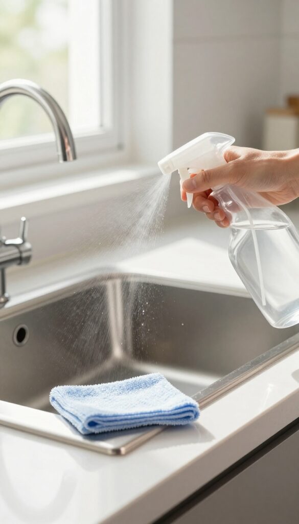 Spraying vinegar and water solution on kitchen cabinet for cleaning