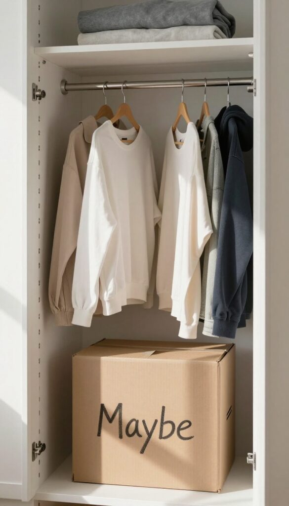Cardboard box labeled 'Maybe' with a date on a shelf in a tidy, bright closet