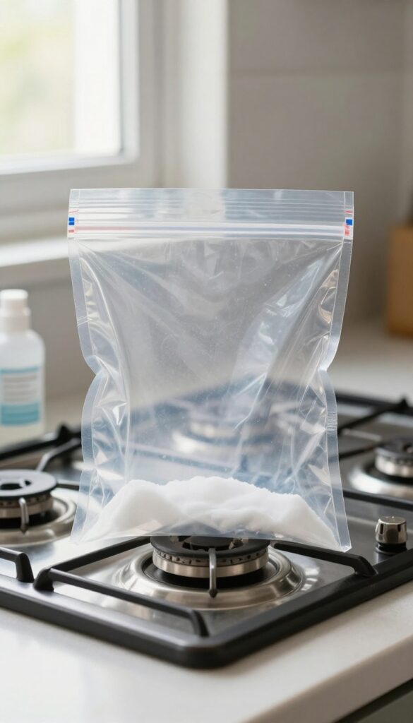 Metal burner caps in a plastic bag with ammonia on a kitchen counter, natural light, cleaning tutorial style.