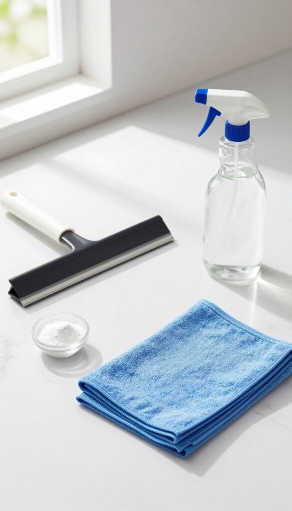 Cleaning tools for shower door: squeegee, microfiber cloths, spray bottle with vinegar and dish soap, and baking soda on white marble.