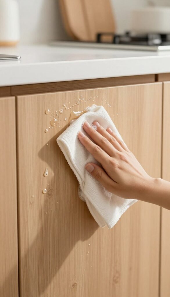 Cleaning greasy kitchen cabinet doors with a damp cloth and soapy solution