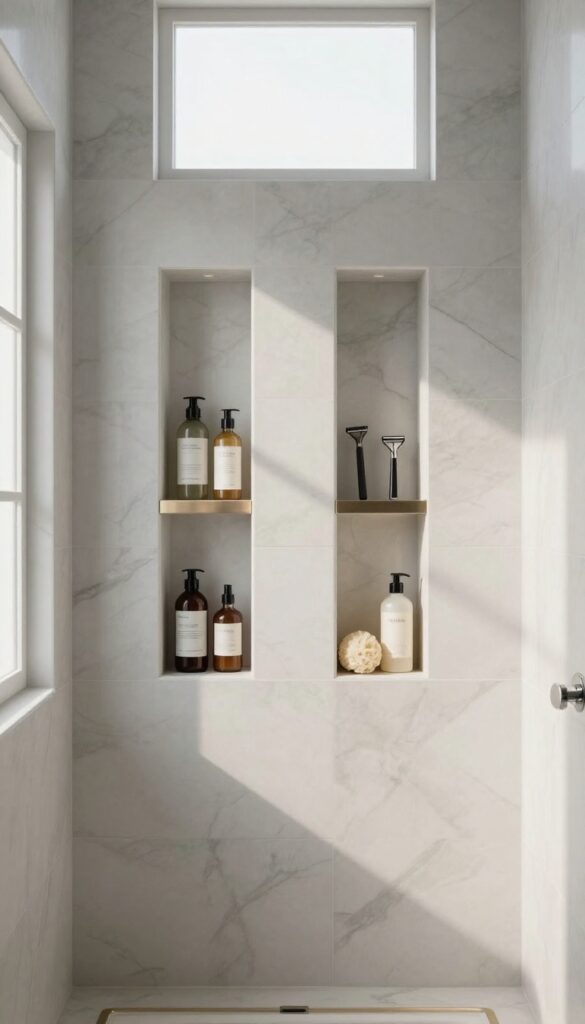 Double-stacked shower niche with storage for two people, vertical layout, modern bathroom design