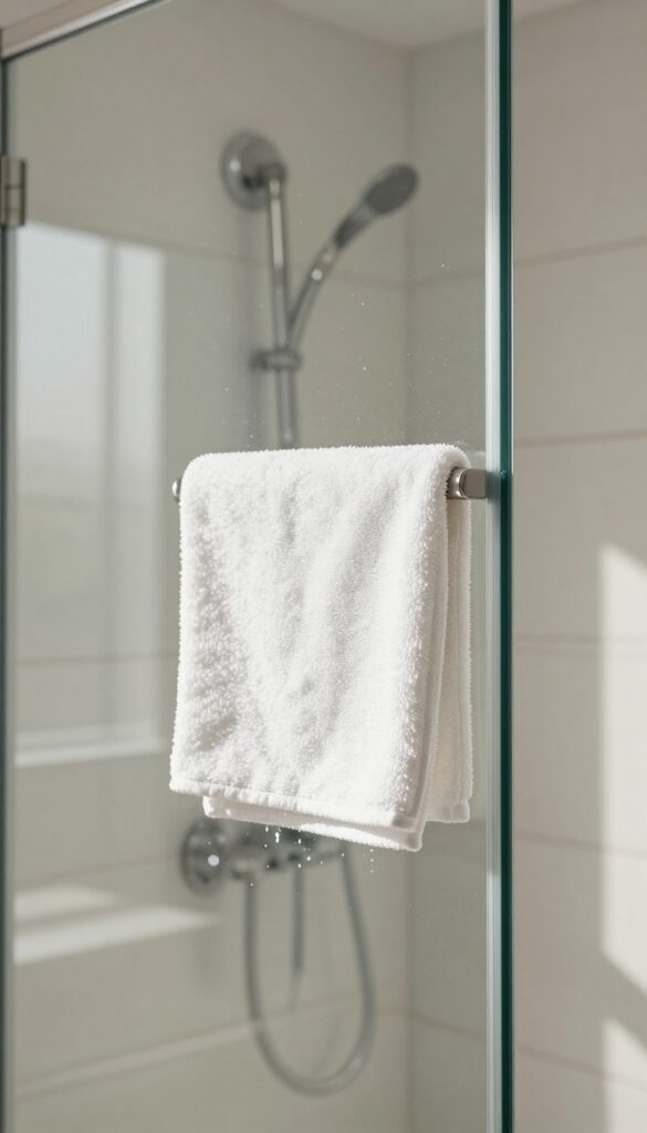 A clean glass shower door being wiped dry with a microfiber cloth, with a squeegee nearby, in a bright bathroom.