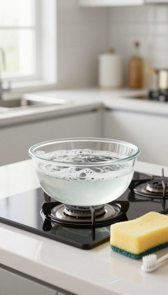 Burner rings and knobs soaking in soapy water with cleaning tools on a countertop