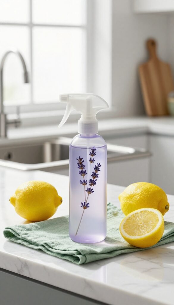 All-purpose spray cleaner on a kitchen countertop with lemons and a cloth