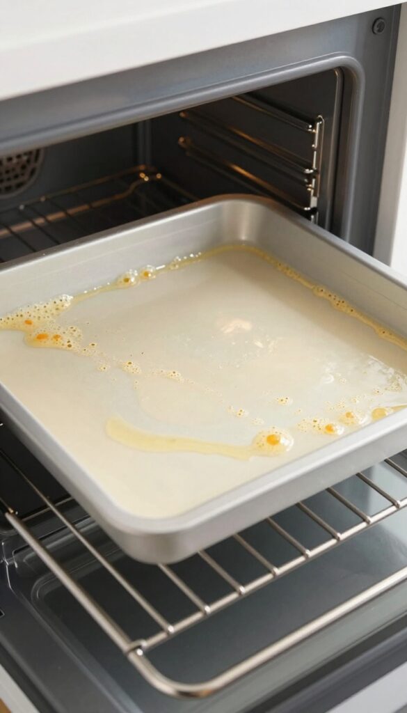 Silicone oven liner on bottom rack catching a pie spill, bright natural light, photorealistic home cleaning inspiration