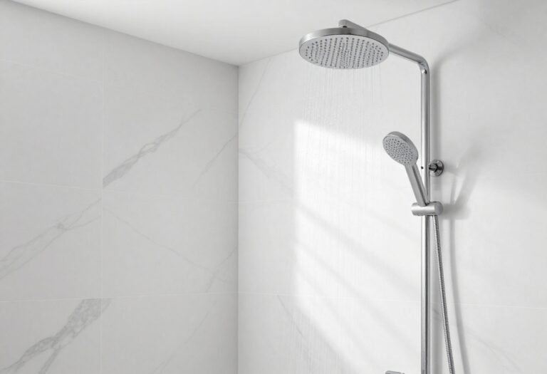 Modern shower with large marble-look tiles and rainfall showerhead