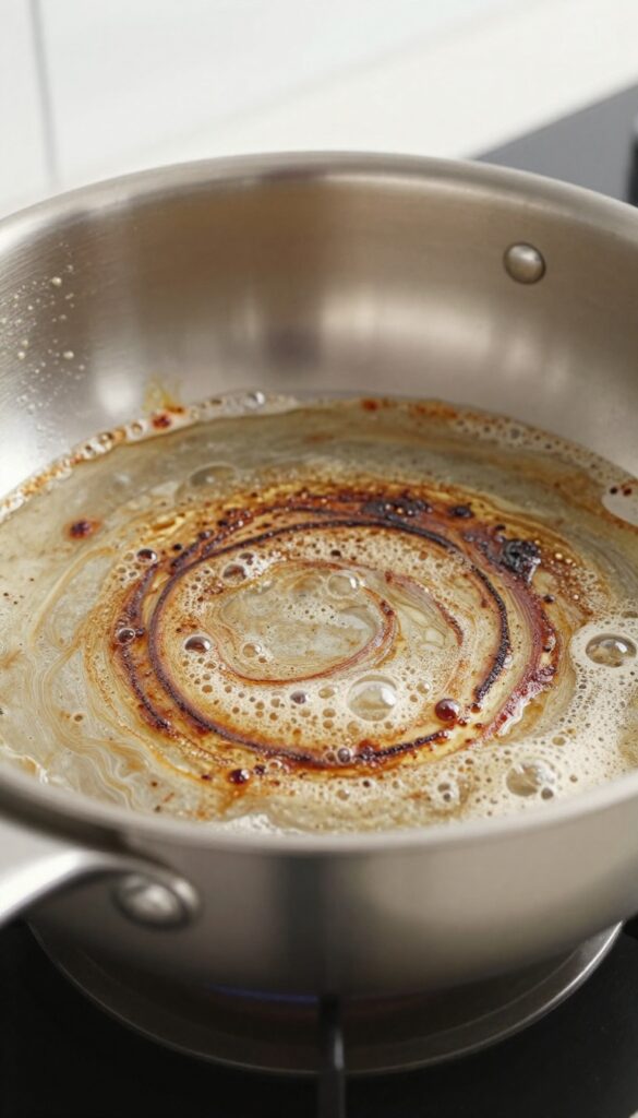 Stainless steel pan with baking soda and hydrogen peroxide paste bubbling on burnt-on food