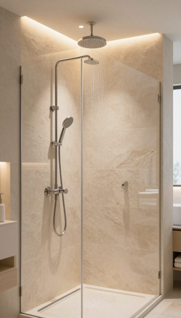 Soft warm LED lighting in a master shower with backlit mirror and dimmable lights creating a calm luxury ambiance