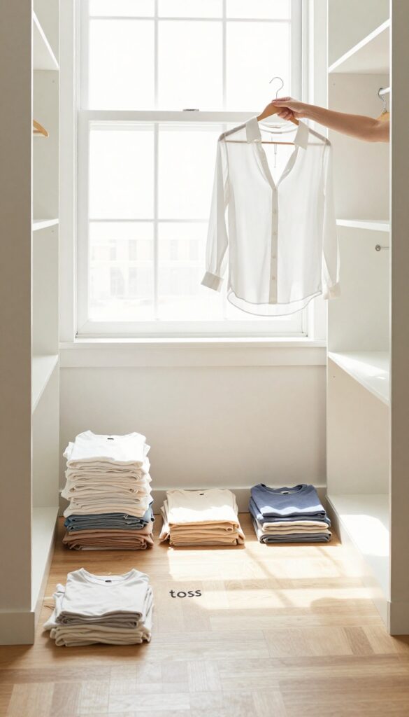 Woman sorting clothes into keep, donate, and toss piles in a bright closet