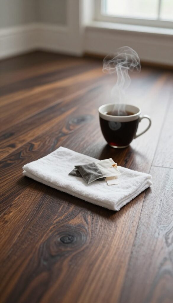 Dark hardwood floor being mopped with tea solution, with tea bags and cup nearby