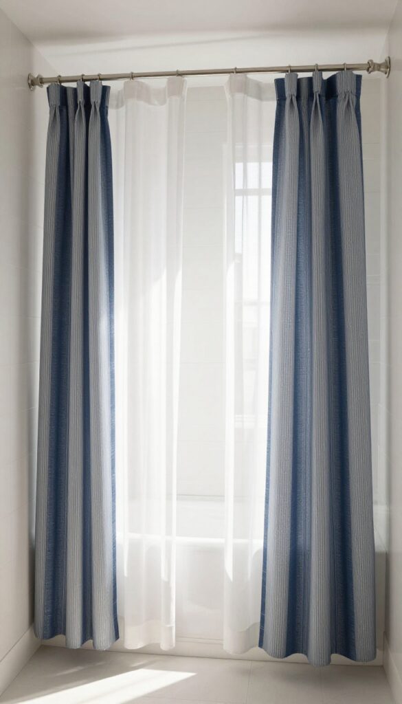 Layered shower curtains on a double rod, sheer inner layer and patterned outer layer, in a bright bathroom.