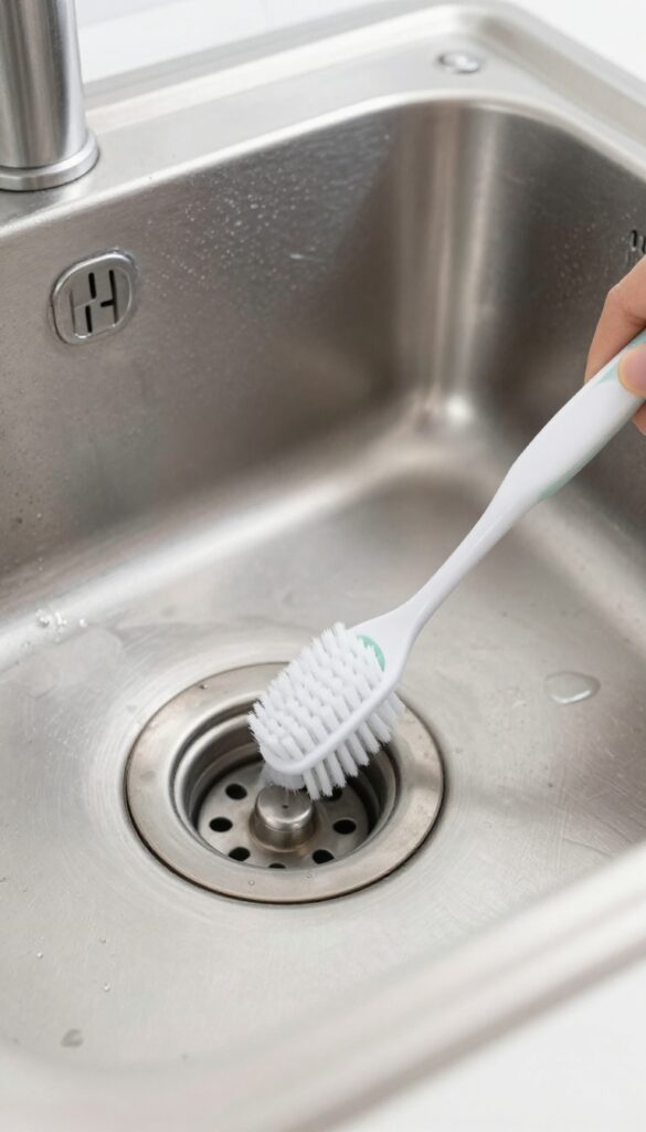 Cleaning stainless steel sink tight spots with a toothbrush